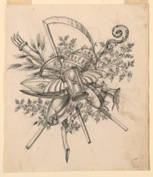 Desenho, Troféu com ampulheta alada, 1830-1850