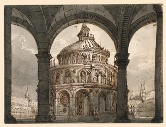 Cenário, Átrio com o Templo dos Hospitalários para a Ópera "La Straniera" de Vincenzo Bellini