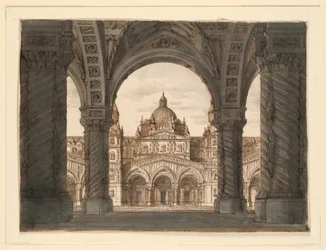Cenário, Fachada da Igreja de uma Loggia, I due Valdomiri de Felice Romani, música de Pietro de Winter. Executado no La Scala, Milão, 1818