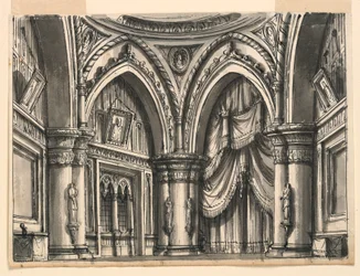 Cenário, Interior do Alto Salão Gótico com Arcos Ogivais