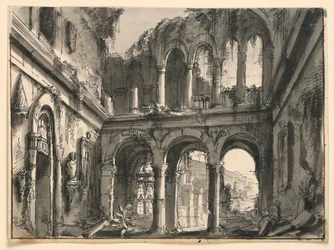 Design de palco, interior do palácio renascentista em ruínas