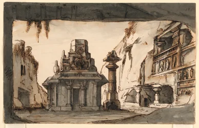 Design de palco, edifícios orientais em meio a cavernas e rochas