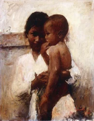 Carinho, uma beleza javanesa segurando uma criança (óleo sobre tela)