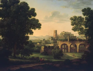 Paisagem com ruínas e caminhantes