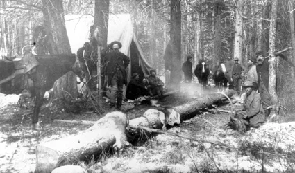 Roupa de caça de Cooke Rheas e Bob Coe no Hog Park, 1885