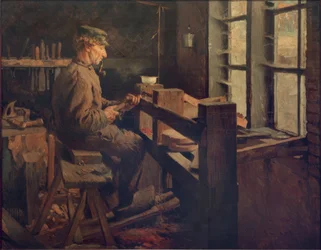 Torneiro de madeira holandês no trabalho (Blokje-Maker)