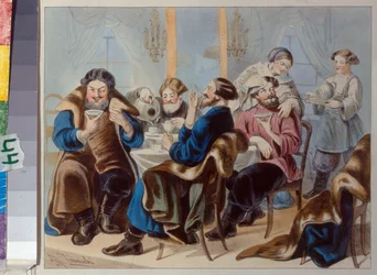 Chá e Açúcar. Beber chá em uma taverna par Zhukovsky, Rudolf Kasimirovich (1814-1886), primeiro trimestre do séc. - Litografia, aquarela - Museu de História do Estado, Moscou