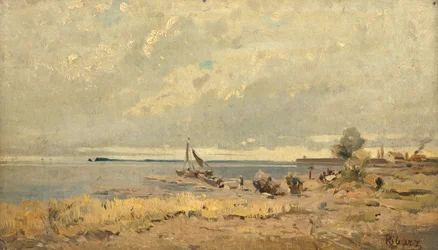 Paisagem da praia com barcos