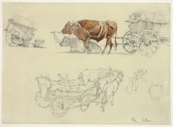 Estudos sobre as carroças dos camponeses eslovacos com bois e cavalos