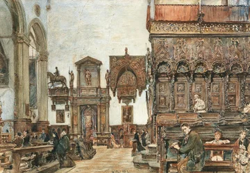 O interior da Basílica de Santa Maria Gloriosa dei Frari, em Veneza, com orações no coro