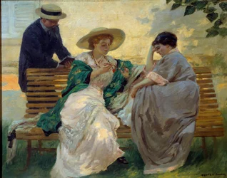 Boa altura: "The talk" Grupo de leitura burguesa sobre um banco por Rupert Bunny (1864-1947) 1885