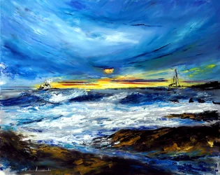 Pôr do sol sobre um oceano no Havai, 2022 (óleo sobre tela)