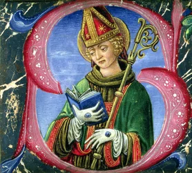 S inicial de Historiated que descreve um Saint do bispo, c.1470