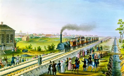 Abertura da primeira linha ferroviária de São Petersburgo a Pavlovsk, Rússia, década de 1830.