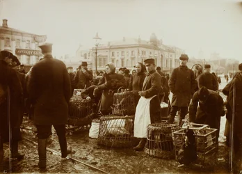 O mercado das aves na praça Trubnaya em Moscovo
