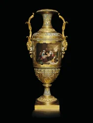 Um vaso de porcelana de duas mãos e folha de ouro de Alexandre II, pintado com uma cena de sala de escola depois de B, 1866