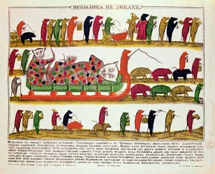Enterro de um gato pelos ratos, caricatura do czar Pedro, o Grande (1672-1725), 1850