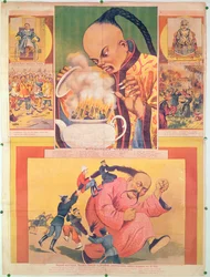 Cartaz russo cómico que satiriza os europeus na China, impresso em Moscovo, Rússia, 1900