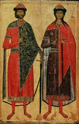St. Boris e St. Gleb, ícone russo, escola de Moscou, século XIV (têmpera no painel)