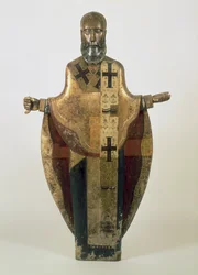 Estátua, de, st. Nicholas, de, Mozhaisk, russo, tarde, 16º século, (wood, ornamented, brocado, gesso, tempera)