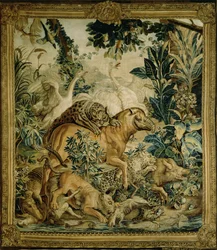 Tapeçaria representando feras selvagens lutando em um buraco de água, cópia da série de tapete indiano projetada por D. Deport, 1757 e feita pela fábrica de tapeçaria de São Petersburgo (têxtil)
