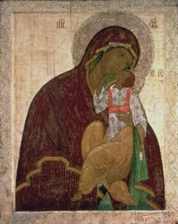 O Yakhroma Madonna de Humildade, ícone russo, possivelmente Escola de Pskov (tempera no painel)