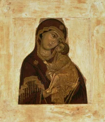 Virgem do Don abraçando a bênção Christ Child, ícone do russo, século 17 (painel)
