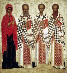 Paraskeva Pyatnitsa, Gregório, o Teólogo, João Crisóstomo e Basílio, o Grande, início do século XV