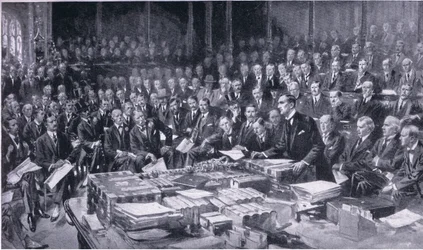 Um dos eventos mais importantes da história do Parlamento, em 3 de agosto de 1914, da revista Cassells History ofthe British People, publicado pela Waverley Book Company Limited, c.1940