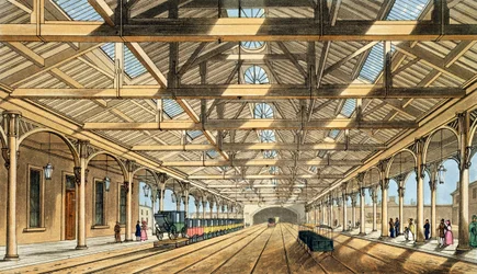 Nova Estação, Lime Street, Entrada para o Túnel e Escritórios de Reservas, de &39;Liverpool e Manchester Railway&39;, gravada por John Harris, pub. por Ackermann und Co., 1836