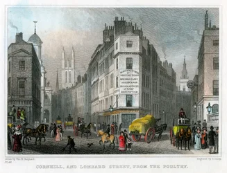 Cornhill e Lombard Street de aves domésticas, cidade de Londres, 1830.