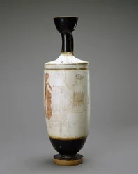 White Ground Lekythos com Young Woman at a Tomb, 450-440 a.C. (terracota com fundo branco)