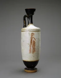 White Ground Lekythos com Young Woman at a Tomb, 450-440 a.C. (terracota com fundo branco)