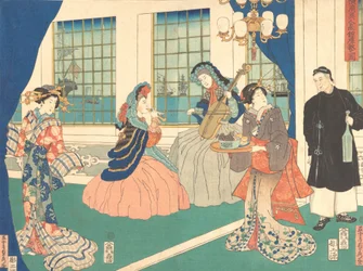 Sala de desenho de um estabelecimento comercial estrangeiro em Yokohama, 9º mês, 1861.