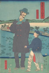 Holandês e criança vendo o santuário Benten em Shinobazu Pond, 7º mês, 1861