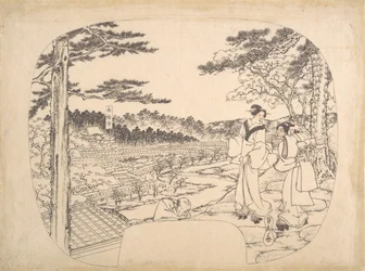 Duas mulheres admirando as vistas de um ponto de observação... o Templo Zenpukuji, século XIX.