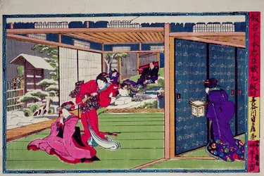 Cena do 9º ato de uma peça kabuki, "Kanadehon Chushingura", uma história de vingança baseada no incidente dos quarenta e sete ronin de 1703, c.1870 (xilogravura a cores)