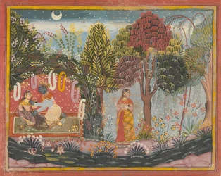 Krishna e Radha em um caramanchão: página de um Gita Govinda disperso, ca. 1665.