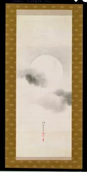 Pergaminho pendurado representando a lua outonal, de um tríptico das três estações, japonês, início do século XIX