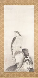Falcão empoleirado numa rocha (tinta sobre papel)