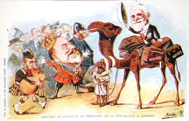 Caricatura da chegada do Presidente da República Francesa, Emile Loubet (1838-1929) a Londres em 1903 (cor litho)