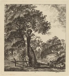 Paisagem arborizada com um rebanho de cabras e um Herm