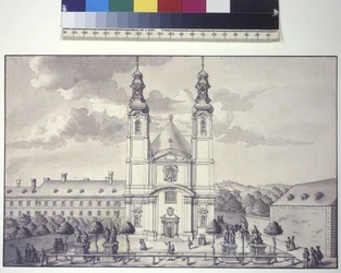 Página inteira: vista de frente da igreja dos Servitas no subúrbio de Rossau (desenho a caneta e tinta)
