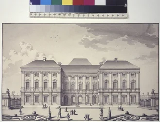 Página inteira: vista frontal da fachada ajardinada do Palácio do Liechtenstein em Rossau (desenho a caneta e tinta)
