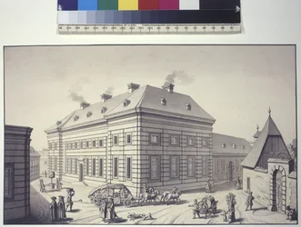Página inteira: vista oblíqua do Laranjal, anteriormente situado em frente ao palácio do jardim do Liechtenstein, em Rossau (desenho a tinta e caneta)