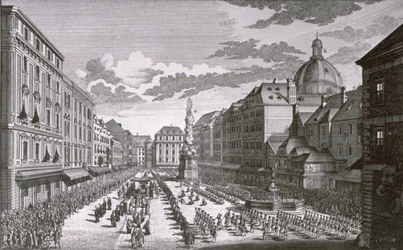 Vista de uma procissão no Graben gravada por Georg-Daniel Heumann (1691-1759)