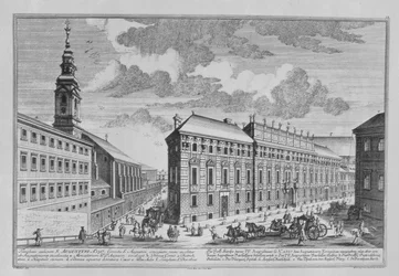Vista da Dorotheergasse mostrando o Stallburg e a igreja do mosteiro de Dorotheum gravada por Hieronymous Sperling (1695-1777)