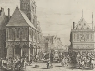 Magistrados da cidade se despedindo de Maria de Médici perante a prefeitura, de Caspar Barlaeus..., 1638.