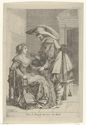 O homem oferece a uma mulher uma moeda Dats de Bruydt daermen om danst (título no objeto)