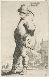 Homem de perfil, no fundo uma igreja e edifício com galeria
Oostindesche vroemoer (título sobre o objecto)
Vida dos camponeses (título da série)